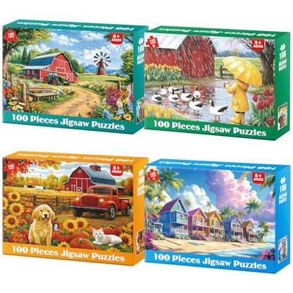 100 Piece Puzzles for Kids Ages 4-6 6-8 8-10 | Farms Beach Resort Jigsaw Puzzles for Seniors Adults, Educational Learning Toys Gifts for Girls Boys 4-Pack 15"x11" - style: Farms & Beach Resort