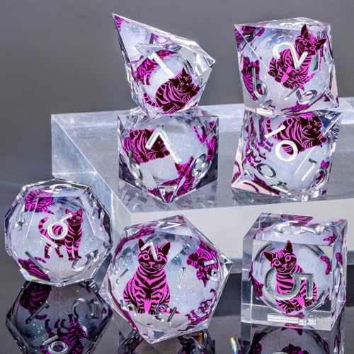 KERWELLSI Cat Liquid Core DND Dice Set with Gift Box, 7Pcs Resin Dungeons Sharp Edge D&D Dice, Dragons D and D Role Playing Dice D20 D12 D10 D8 D6 D4, White and Purple Cat - color: White and Purple Cat