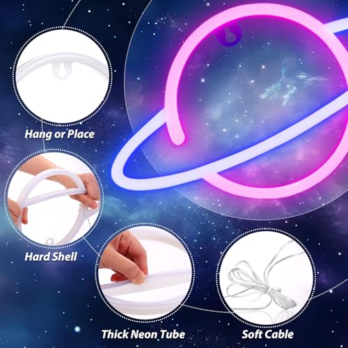 Planet Neon Sign for Wall Decor, Outer Space Night Light | USB or Battery Operated, Pink/Blue Planet Led Lighted Sign, for Bedroom, Gaming Room, Party Time, Kids Gifts
