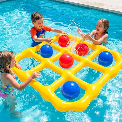 Tic-Tac-Toe Pool Toys Game Set, Giant Inflatable Floating Board Set with 10 Balls, Pool Toys Party Game for Kids Adults Teens, Summer Water Party Backyard Beach Yard Field Day Outdoor Activities | 53.5-Inch Floating Board • 10 Balls + Pump • 2–10 Players