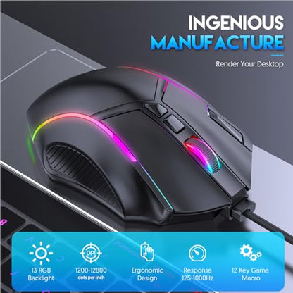 ciciglow RGB Gaming Mouse, 12 Programmable Buttons Wired Mouse 12800DPI Ergonomic Design with 13 Light Effects, for PC Laptop Computer