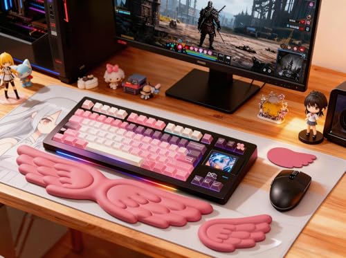 Angel Wing Wrist Rest Ergonomic Memory Foam Wrist Rest for Computer Keyboard Mouse Set with Cup Mat, Cute Gaming Keyboard Cushion Hand Support PU Leather Surface Anti-Slip Waterproof (Rose Red) - color: Rose Red