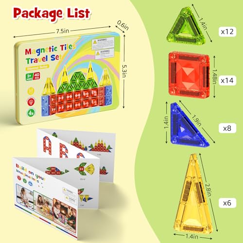 Mini Magnetic Tiles for Kids Travel: 40PCS Portable Building Blocks | Metal Storage Box & Visual Guide for 1-Minute Cleanup - Diamond Sparkle STEM Travel Toys for Toddlers Boys Girls Age 3-8 - style: Diamond Texture Mini Magnetic Tiles - 40 PCS