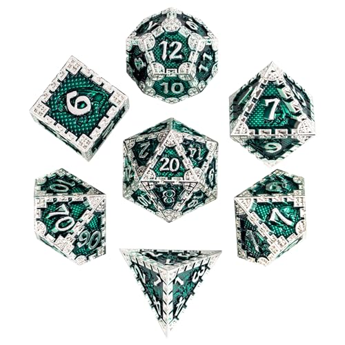 UDIXI Metal DND Dice Set, Metal Dice Set D&D for Tabletop Games (Green) | 7-Pieces, Dragon Carved, Chain-edge Design, Metal Gift Box, DM Gift, for Dungeons and Dragons Role Playing Games - color: Chain Frame-silver Green