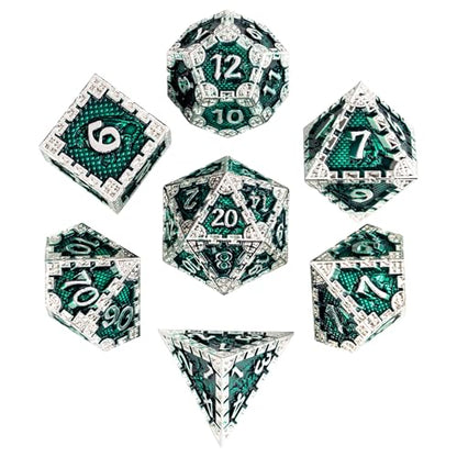UDIXI Metal DND Dice Set, Metal Dice Set D&D for Tabletop Games (Green) | 7-Pieces, Dragon Carved, Chain-edge Design, Metal Gift Box, DM Gift, for Dungeons and Dragons Role Playing Games - color: Chain Frame-silver Green