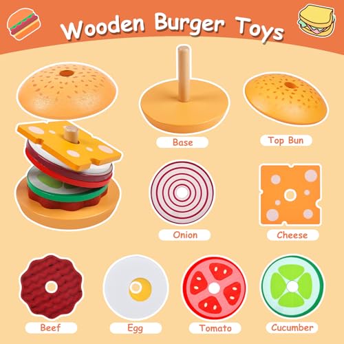 Wooden Burger Stacking Toys Montessori Toys For Toddlers Preschool Education Activity Board Game Early-Education Matching Speed Race Pretend Toy Food Back To School (Burger) - color: Burger