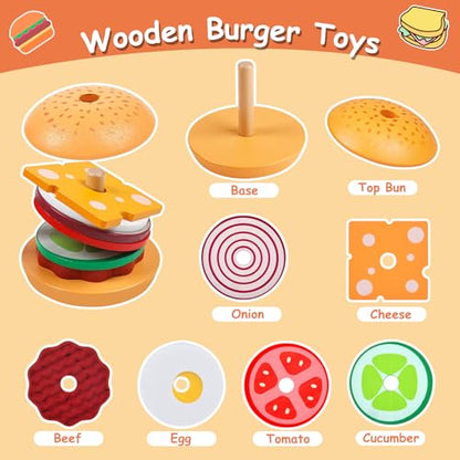 Wooden Burger Stacking Toys Montessori Toys For Toddlers Preschool Education Activity Board Game Early-Education Matching Speed Race Pretend Toy Food Back To School (Burger) - color: Burger