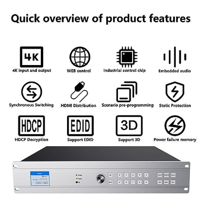 ICUIXIAN 16x16 HDMI Matrix Switch 4K@30Hz Web GUI+LAN Port+Rs232 Control | Rack Mount HDMI Matrix 16x16 With Audio Extraction EDID, HDCP, Backlit button, LED screen display (16 hdmi switcher splitter) - size: 16x16 Matrix 4k30Hz