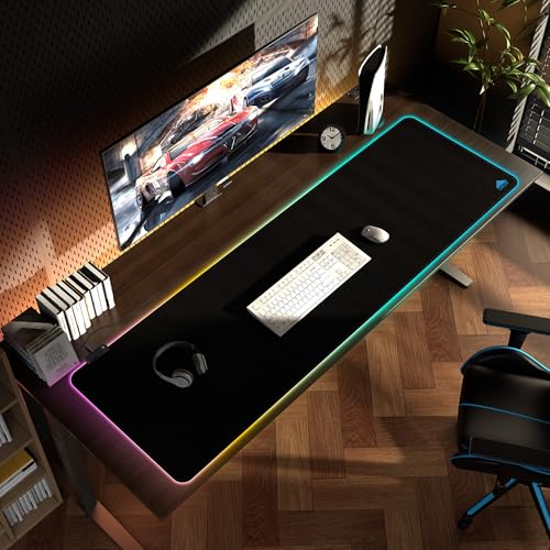Cacoy 63"x20" Large RGB Gaming Mouse Pad, XXL LED Computer Mouse Mat, Black | Extended RGB Computer Mouse Mat 9 LED Light Modes Non-Slip Rubber Base Smooth Surface Durable Stitched Edge Keyboard Mousepad - color: Rgb, size: 63" x 20"