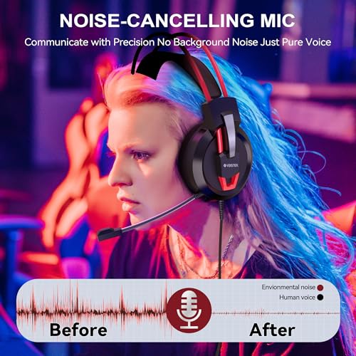 Voistek Over Ear Headphones Wired, Computer Headset with Microphone & Volume Control, 50mm Drivers, Game Headphones for PC, Laptop, Computer, PS4, PS5 - color: Red