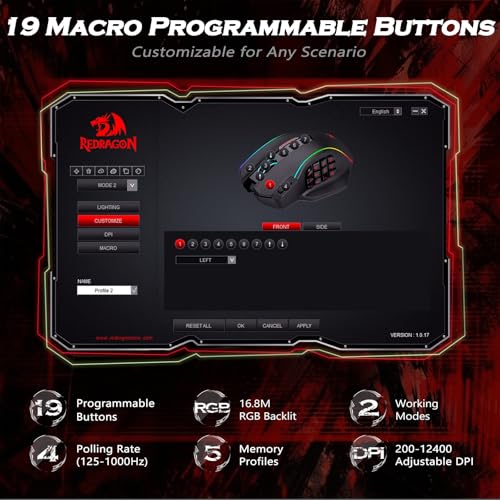 Redragon Gaming Mouse, MMO Mouse Gaming UP 12400 DPI, 19 Macro Programmable Buttons, RGB Mouse with 12 Side Buttons, 8 * 2.4g Weight Tuning for PC Laptop MOBA FPS, M901K, Black - color: Black-k