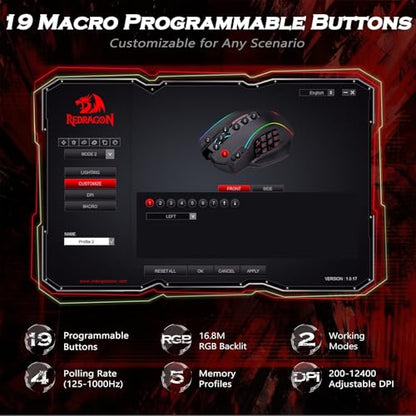Redragon Gaming Mouse, MMO Mouse Gaming UP 12400 DPI, 19 Macro Programmable Buttons, RGB Mouse with 12 Side Buttons, 8 * 2.4g Weight Tuning for PC Laptop MOBA FPS, M901K, Black - color: Black-k