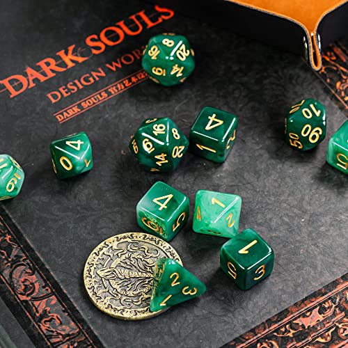 11PCS Resin DND Dice Set Green Jade D&D Dice for RPG Tabletop Games | Leather Storage Bag, Imitation Jade, DM Gift, for Dungeons and Dragons Role Playing Games - color: 11pcs Green Jade