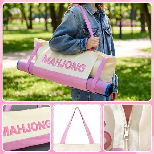 Abbylike 28x9 Inches Mahjong Bag for Rolled Mat Tiles Racks Pushers Accessories Empty Mahjong Tote Bag with Zipper Closure Outer Pockets Lining Large Capacity(Beige&Light Pink,Canvas) - color: Beige&light Pink