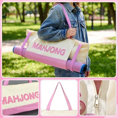 Abbylike 28x9 Inches Mahjong Bag for Rolled Mat Tiles Racks Pushers Accessories Empty Mahjong Tote Bag with Zipper Closure Outer Pockets Lining Large Capacity(Beige&Light Pink,Canvas) - color: Beige&light Pink