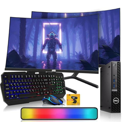 Dell Optiplex Tiny Mini Desktop PC, Intel Core i5, 32GB RAM, 1TB SSD with Dual 32 inch Curved Monitor, AI Enabled RGB Keyboard Mouse, RGB Soundbar and Webcam Windows 11 Pro (Renewed)