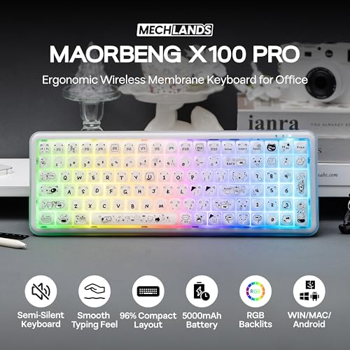 MechLands X Maorbeng X100 PRO Membrane Gaming Keyboard with Number Pad, RGB Backlits, Wireless Computer Keyboard with 5000mAh Battery, BT/2.4G/USB-C Wired, 96% Layout for Windows/Mac/PC (White) - color: White