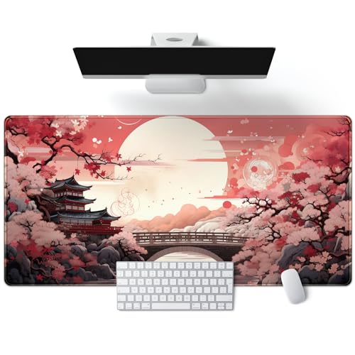 Pink Full Moon Desk Mat Japanese Sakura Blossom Large Mouse Pad Extended Japan Aesthetic Gaming Mousepad XXL Keyboard Pad Mouse Mat 31.5''X15.7'' Desk Pad Office Decor - color: Pink Full Moon
