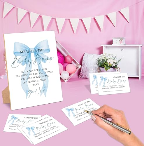 Blue Bow Measure the Baby Bump Game, Pack of 1 Wooden Tabletop Sign with Stand and 50 Guessing Cards, Blue Coquette Bow Baby Shower Game, Gender Reveal Party Decorations - HC02 - color: Measure the Baby Bump