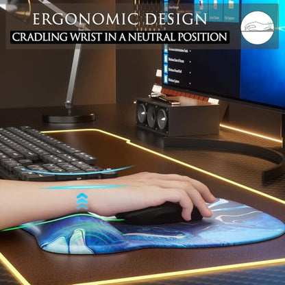 MROCO Ergonomic Mouse Pad with Gel Wrist Rest, 9.4 x 8.1 in, Blue Waves | Ergonomic Shape Design, Multiple Pattern Options, Gel Wrist Comfort, Smooth Lycra Surface, Non-Slip PU Base - color: Blue Waves