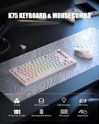 RedThunder K75 Wireless Keyboard and Mouse Combo,75% Membrane Side-Engraved Keyboard,Optical Gaming Mouse with 4800DPI,3 Modes(BT/2.4G/Wired),Dual System,RGB Backlit,Rechargeable Battery,Contour White - color: White Contour Line