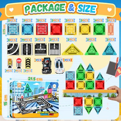 Magnetic Tiles - Road Set, City Race Track Travel Building Blocks with 2 Cars & Metal Box, Mini Magnet Tiles Outdoor Construction Toys for Boys, STEM Sensory Gifts for Toddlers 3-5 4-8 Years Old