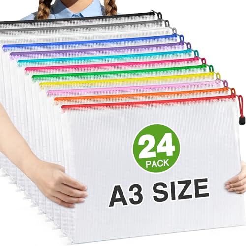 Umriox 24 Pack 12 Colors Zipper Pouches for Organizing, A3 Size (16.9 x 12.4), Big mesh Bags, Zipper Bags for Puzzles & Board Game Storage, Office Supplies Travel Toiletries - color: Multicolored 24pcs, A3