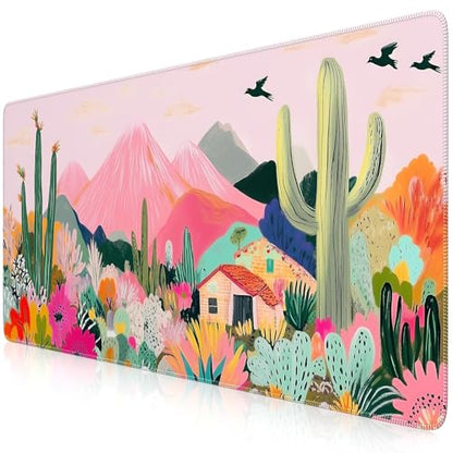 iCasso Desk Mat,Cute Mouse Pad for Desk,35"x16",Home Office, Cactus | Waterproof Desk Pad with Non-Slip Rubber Base and Stitched Edges, Extended Keyboard Mousepad for Computer, Home Workspace - color: A-cactus