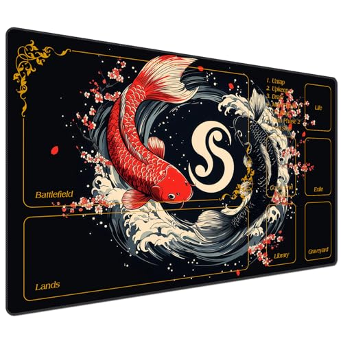 DEGDFSGR for MTG Playmat with Zones 24 x 14 inches for TCG Playmats Non-Slip Rubber Base Commander Play Mat for MTG Mat Iorcana Trading Card Game, Black and Red Koi - color: Black and Red Koi, size: 24" x 14"