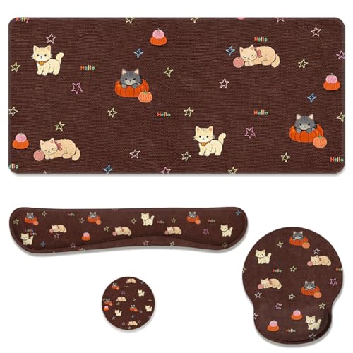 Cute Cat Desk Mat Set Pumpkin Kawaii Large Mouse Pad with Wrist Rest 4-in-1 Desk Mat for Desktop Ergonomic Keyboard Wrist Support Anti-Slip Computer Ergonomic Mouse Pad Home Office Gaming - color: Cute Cat, size: 34.5" x 15.7"