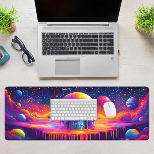 Skull Gaming Mouse Pad Colorful Neon Space Planet Star Rainbow Extended Mousepad Waterproof Stitched Edges Rubber Base Non-Slip Deskmap Computer Keyboard Mat 31.5"x11.8" - color: Skull, size: 31.5L x 31.5W inches