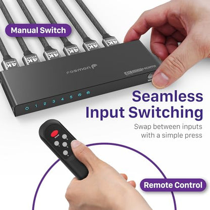 Fosmon 5-Port HDMI 4K Switch with Remote, Support 4K@60Hz HDCP 2.2 High Speed 18Gbps 5 in 1 Out Auto-Switching 5x1 HDMI 2.0 Switcher Splitter Hub Compatible with PS5, Xbox X, Apple TV - style: 4K HDMI Switch 5 In 1 Out