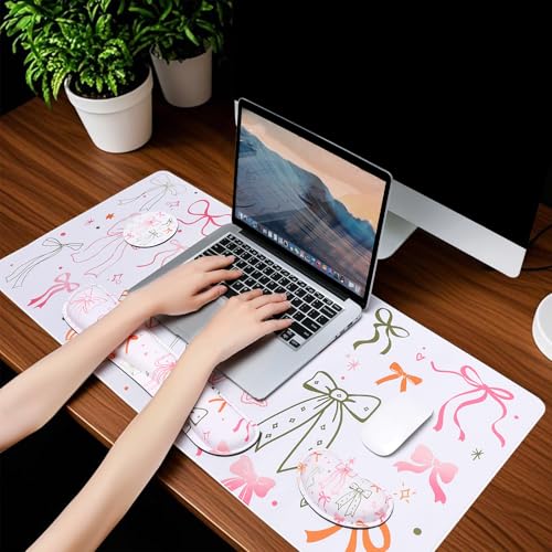 MEGREZ 4-in-1 Mouse Pad with Wrist Rest Ergonomic Memory Foam Desk Mat Set | ergonomic, anti-slip base, 4pcs set, desk pad, mouse wrist rest, keyboard rest, coaster, ideal for office & gaming - color: Bow
