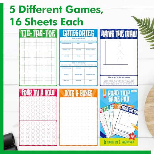 Gethelud Road Trip Game Pad, 80 Tear-Off Sheets 5 Classic Games in 1 Pad, Dots & Boxes, Tic-tac-Toe, Categories, Plane Travel, Car Trip Activity, Pen Pencil & Paper Game for Kids, Adults (4” x 6”) - style: Classic(4” x 6”)
