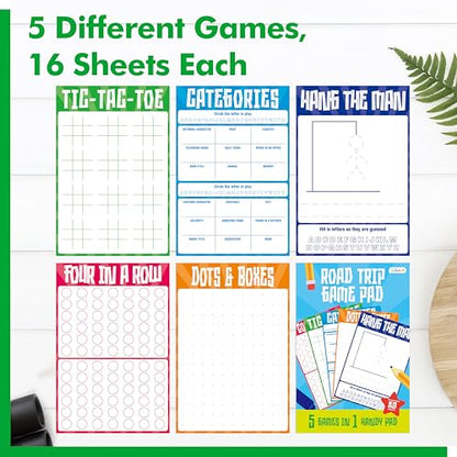 Gethelud Road Trip Game Pad, 80 Tear-Off Sheets 5 Classic Games in 1 Pad, Dots & Boxes, Tic-tac-Toe, Categories, Plane Travel, Car Trip Activity, Pen Pencil & Paper Game for Kids, Adults (4” x 6”) - style: Classic(4” x 6”)