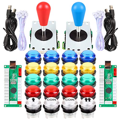 Fosiya LED Arcade Joystick Buttons Kit Ellipse Oval Style 8 Ways Joystick + 20 x LED Arcade Buttons for 2 Player Video Games Standard Controllers All Windows PC MAME Raspberry Pi (Mix Colors Kits) - color: Mix Colors Kits