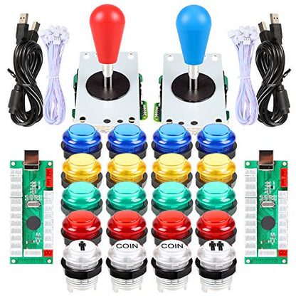 Fosiya LED Arcade Joystick Buttons Kit Ellipse Oval Style 8 Ways Joystick + 20 x LED Arcade Buttons for 2 Player Video Games Standard Controllers All Windows PC MAME Raspberry Pi (Mix Colors Kits) - color: Mix Colors Kits