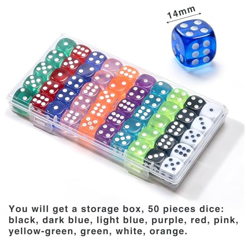 50 Pieces Dice Set, Translucent 6 Sided Colored Dices for Board Games, Math Learning, Classroom, Parties