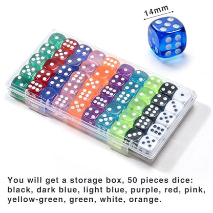 50 Pieces Dice Set, Translucent 6 Sided Colored Dices for Board Games, Math Learning, Classroom, Parties