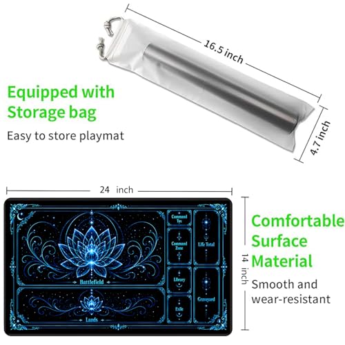 Playmat for MTG with Zones, 24 x 14 Inch Card Game Mat, Stitched Edges, Non Slip Rubber Base, 2mm Washable Play Mat with Storage Bag, Lotus Flower Design, Blue Color - color: Blue
