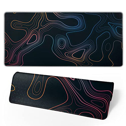 Topographic Contour Map XL Mouse Pad 31.5 x 11.8 Inch Gaming Mousepad Extended Large Mousepad with Nonslip Rubber Base Stitched Edges Laptop Desk Pad Home Office Supplies - color: Black Topographic 3