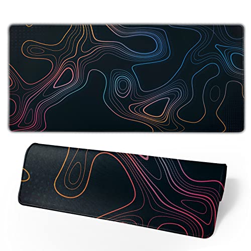 Topographic Contour Map XL Mouse Pad 31.5 x 11.8 Inch Gaming Mousepad Extended Large Mousepad with Nonslip Rubber Base Stitched Edges Laptop Desk Pad Home Office Supplies - color: Black Topographic 3