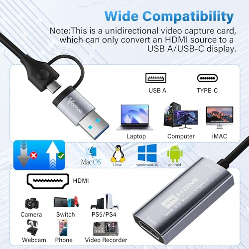 Video Capture Card for Streaming,4K HDMI to USB C Capture Card with USB A 3.0 Adapter,1080P 60FPS,Compatible with iPad Mac OS Windows, PS4/PS5, Switch2/1, Xbox, Camera, DVDs,DSLR for Broadcasting BS