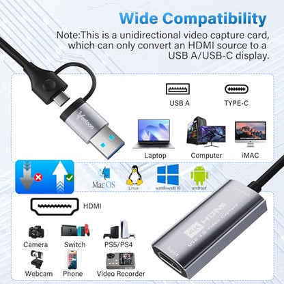 Video Capture Card for Streaming,4K HDMI to USB C Capture Card with USB A 3.0 Adapter,1080P 60FPS,Compatible with iPad Mac OS Windows, PS4/PS5, Switch2/1, Xbox, Camera, DVDs,DSLR for Broadcasting BS