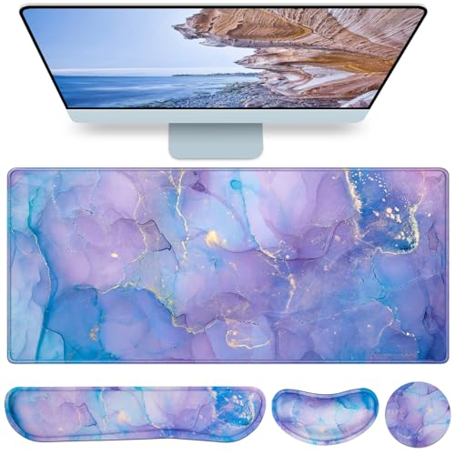 4-in-1 Mouse Pad with Wrist Rest Set Purple,35.4×15.7in Large Gaming Mouse Pad+Keyboard Wrist Rest+Wrist Mousepad+Cup Pad,Ergonomic Mouse Pads,Anti-Slip,Waterproof Keyboard Pad for Home Office - color: Purple Blue Marble