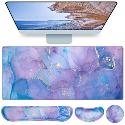 4-in-1 Mouse Pad with Wrist Rest Set Purple,35.4×15.7in Large Gaming Mouse Pad+Keyboard Wrist Rest+Wrist Mousepad+Cup Pad,Ergonomic Mouse Pads,Anti-Slip,Waterproof Keyboard Pad for Home Office - color: Purple Blue Marble