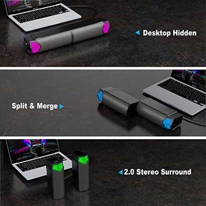 Smalody RGB Computer Speakers Bluetooth 2-in-1 PC Gaming Monitor Soundbar | Detachable 2-in-1 design with RGB light effects. USB powered with dual connection modes, perfect for gaming PC and desktop.