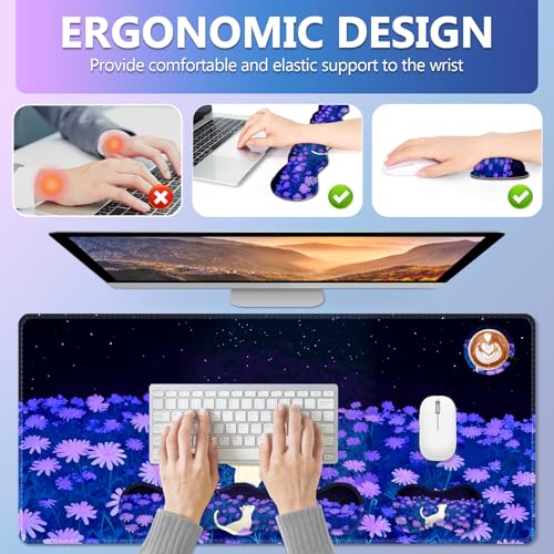 AIMSA Large Mouse Pad Wrist Support Set, Purple Desk Mat+Mouse Pad with Wrist Rest+Keyboard Wrist Pad+Coaster, 4-in-1 Cat Flowers Ergonomic Mousepad Combo - color: Cat Purple Flowers