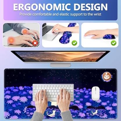 AIMSA Large Mouse Pad Wrist Support Set, Purple Desk Mat+Mouse Pad with Wrist Rest+Keyboard Wrist Pad+Coaster, 4-in-1 Cat Flowers Ergonomic Mousepad Combo - color: Cat Purple Flowers