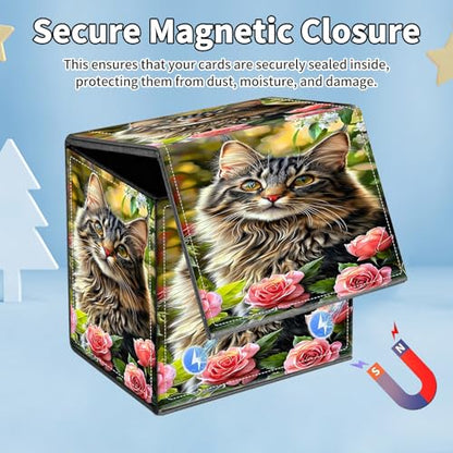Card Deck Box for MTG Commander,Collectible Trading Storage Box Fits 120+ Single Sleeved Cards Magnetic Case PU Leather for Magic Commander TCG CCG MTG,Cute Cat Flower - color: Cute Cat Flower